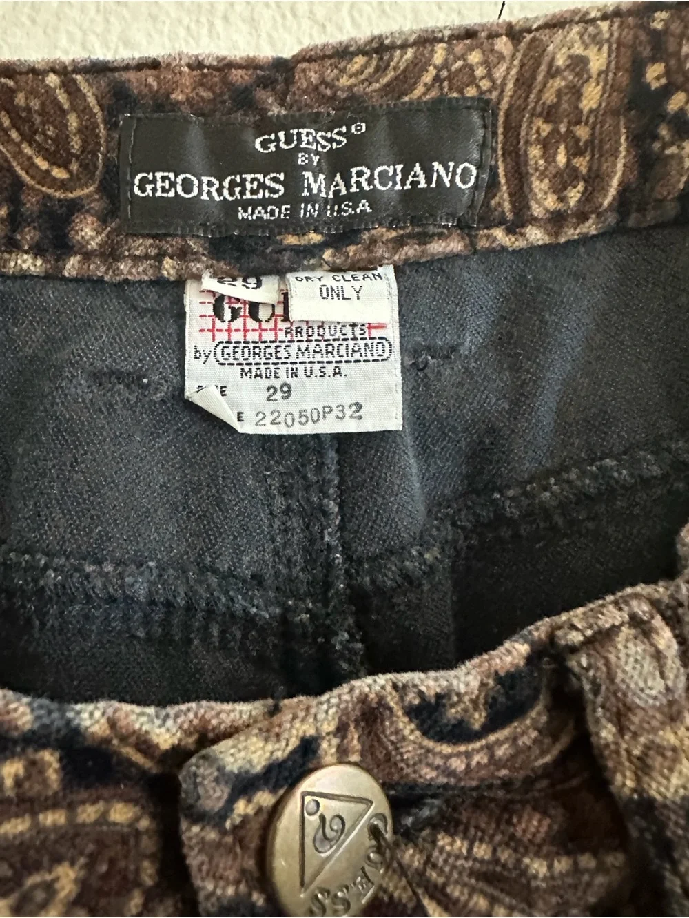 Pre-loved Vintage Guess by Georges Marciano Brown Paisley Velvet Texture Pants - Picture 4 of 5